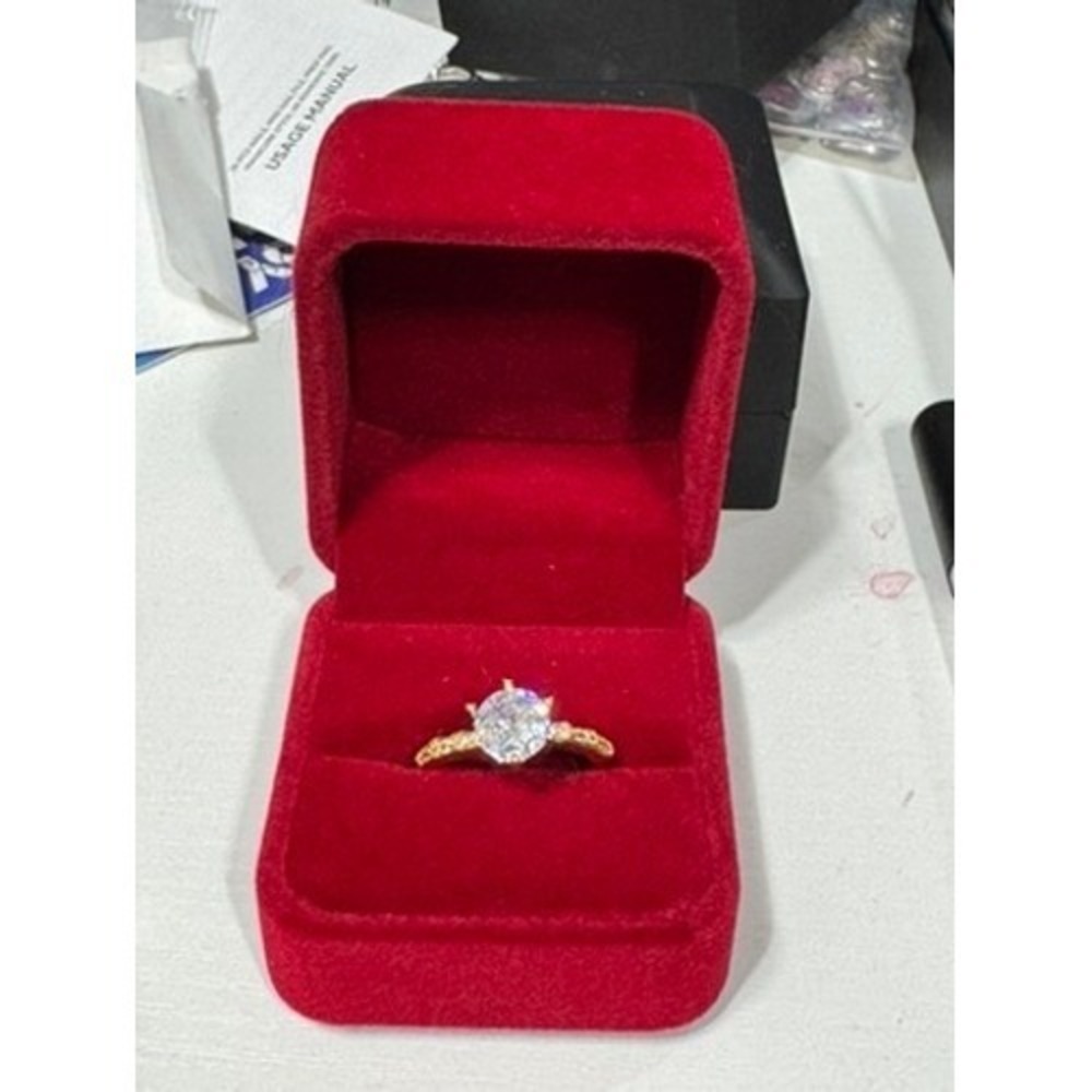 Gold Tone Round Cut‎ Solitaire Engagement Ring Six Prong Pave Band Size 6.5 - Picture 4 of 5